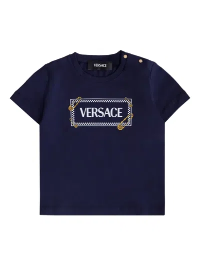 Versace Blue T-shirt With 90 Vintage Logo And Pins For Baby In Black