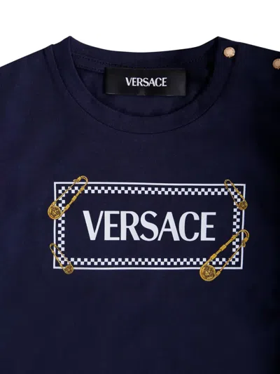Versace Blue T-shirt With 90 Vintage Logo And Pins For Baby In Black