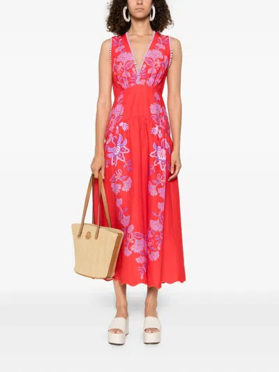 Farm Rio Womens Porcelain Garden Red Porcelain Garden V-neck Linen Midi Dress Xs