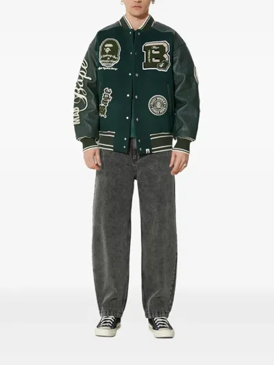 A Bathing Ape Panelled Varsity Jacket In Green