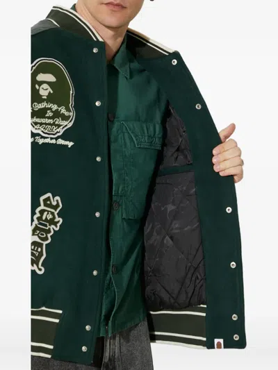 A Bathing Ape Panelled Varsity Jacket In Green
