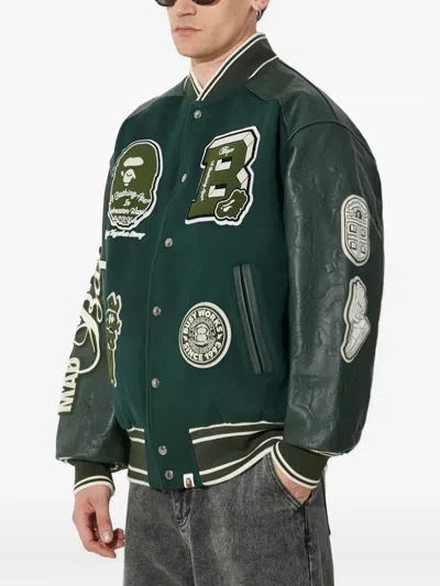 A Bathing Ape Panelled Varsity Jacket In Green