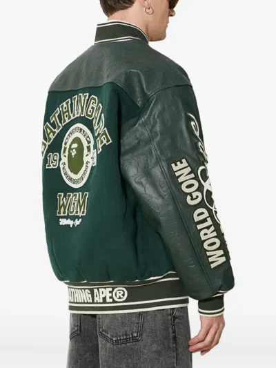 A Bathing Ape Panelled Varsity Jacket In Green