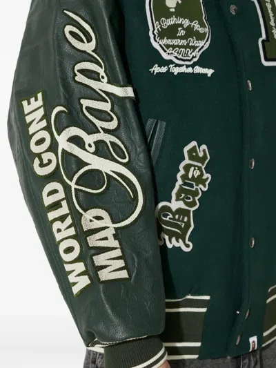 A Bathing Ape Panelled Varsity Jacket In Green