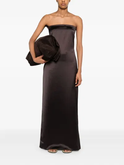 The Row Dolci Strapless Silk-blend Maxi Dress In Brown