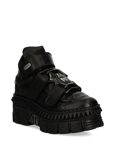 New Rock Metallic Ankle Leather Boots-wall285-s3 In Black