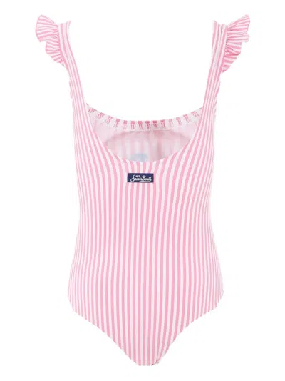 Mc2 Saint Barth Clio Ruffled Striped Swimsuit In Pink