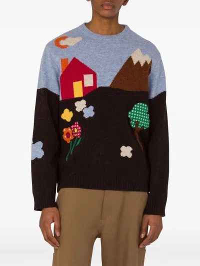 Moschino Wool Crew Neck Sweater With Graphic Design In Black