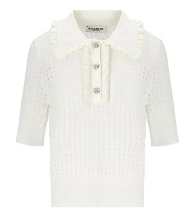 Essentiel Antwerp Off-white Polo With Ruffles And Rhinestone-embellished Buttons In White