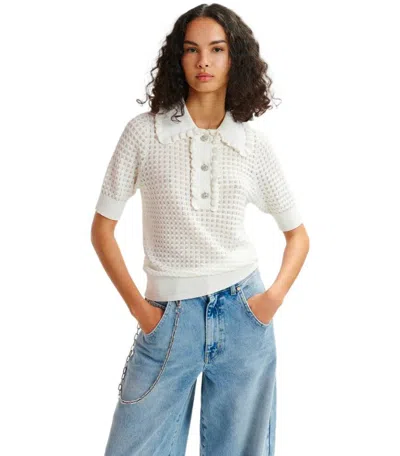 Essentiel Antwerp Off-white Polo With Ruffles And Rhinestone-embellished Buttons In White
