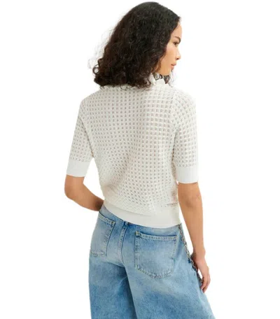 Essentiel Antwerp Off-white Polo With Ruffles And Rhinestone-embellished Buttons In White