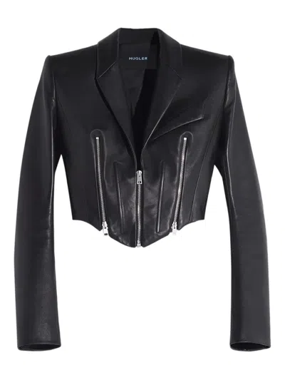 Mugler Zip-detail Cropped Leather Jacket In Black