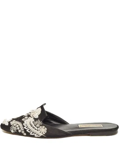 Pre-owned Oscar De La Renta Embroidered Flat Mules