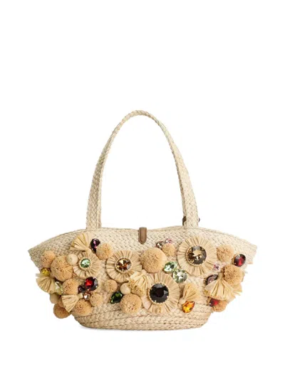 Dolce & Gabbana Floral Embellished Raffia Tote Bag