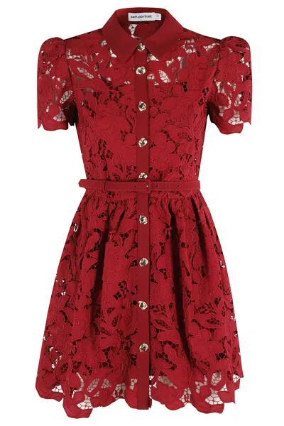 Self-portrait Womens Embroidered Collared Lace Mini Dress Burgundy In Red