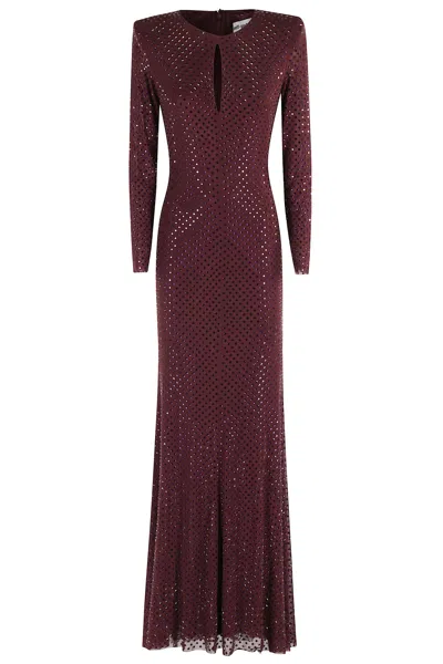 Self-portrait Cutout Embellished Mesh Gown In Burgundy
