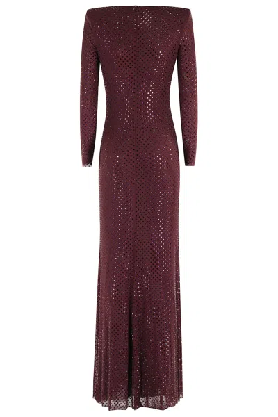 Self-portrait Cutout Embellished Mesh Gown In Burgundy