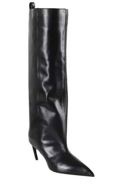 Attico Leather High Shaft Ankle Boots With Pointed Toe In Black