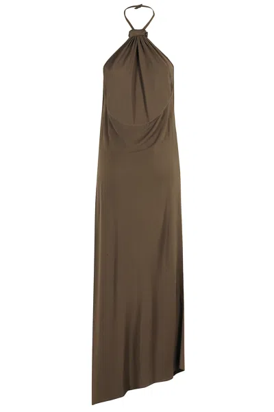 Attico Halter-neck Asymmetrical Midi Dress In Brown