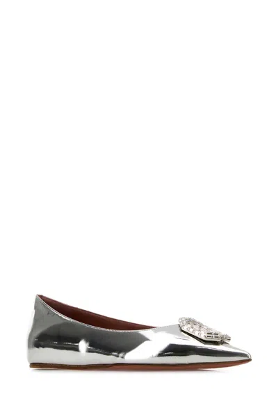 Amina Muaddi Silver Leather Camelia Ballerinas In Metallic