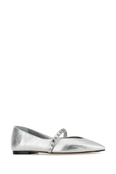 Alexander Mcqueen Leather Studded Ballerina Shoes In Silver