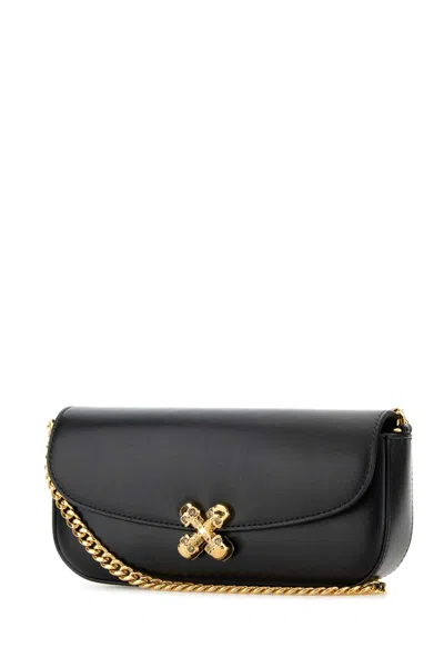 Alexander Mcqueen Black Leather Skull Flower Small Shoulder Bag In Animal Print