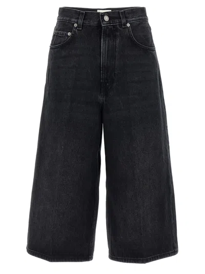 Haikure Wide Leg Denim Bermuda With Belt Loops In Black