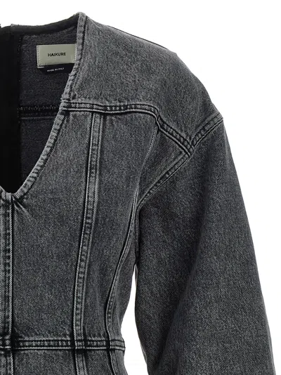 Haikure V-neckline Long Sleeves Denim Texture Visible Seams In Gray