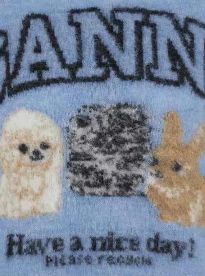 Ganni Light Blue Wool And Cashmere Blend T-shirt With Print