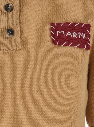 Marni Beige Polo Sweater With Classic Collar And Logo Patch On The Front In Brown