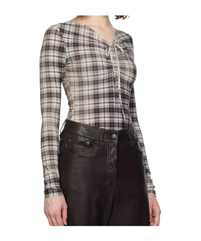 Acne Studios Ebrooke Faded Check Ruched V-neck Mesh Top In Gray