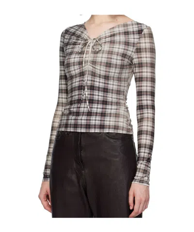 Acne Studios Ebrooke Faded Check Ruched V-neck Mesh Top In Gray