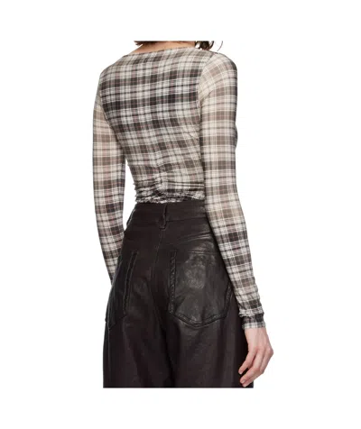 Acne Studios Ebrooke Faded Check Ruched V-neck Mesh Top In Gray