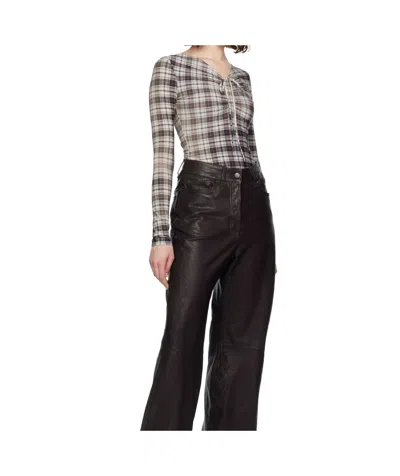 Acne Studios Ebrooke Faded Check Ruched V-neck Mesh Top In Gray