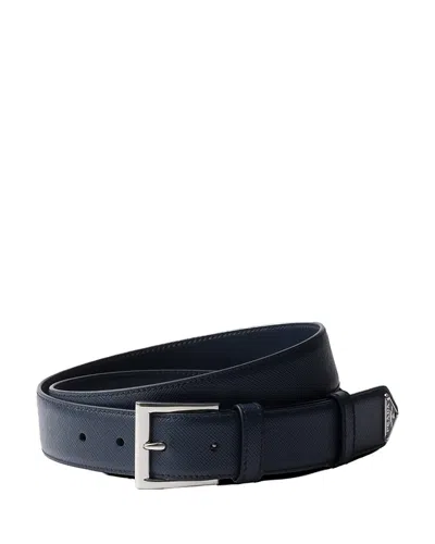 Prada Mens Blue Triangle-logo Saffiano Leather Belt In Blue