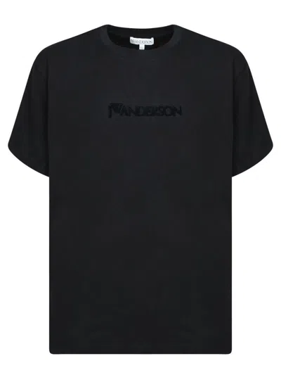 Jw Anderson Black Crewneck T-shirt With Logo Lettering Embroidery On The Front In Cotton Man In Black