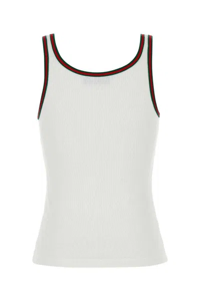 Gucci White Ribbed Top With Web Detail On The Edges In Cotton Woman