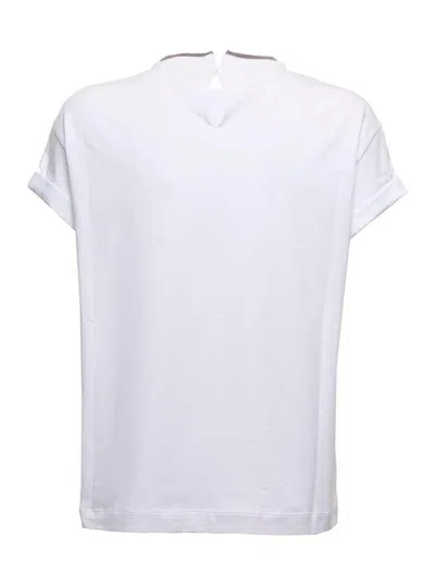 Brunello Cucinelli Womans White Cotton T-shirt With Monile Crew Neck In White