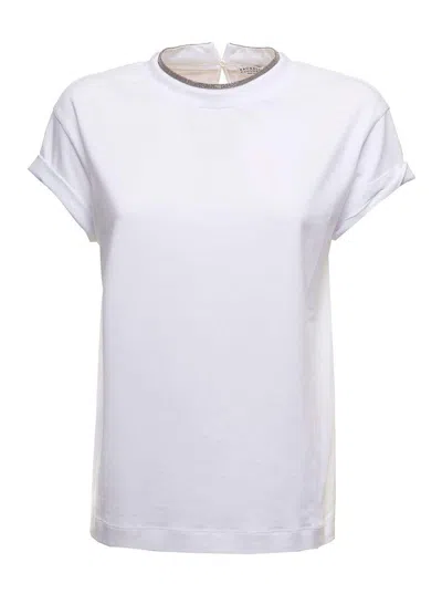 Brunello Cucinelli Womans White Cotton T-shirt With Monile Crew Neck In White