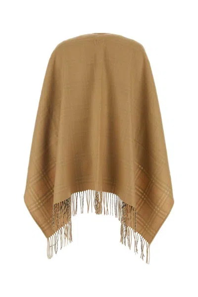 Burberry Beige Wool Cape With Check Pattern Women In Brown