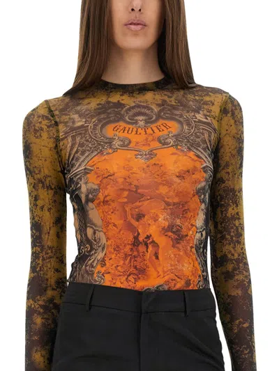 Jean Paul Gaultier Graphic Print Sheer Fabric Tops In Orange