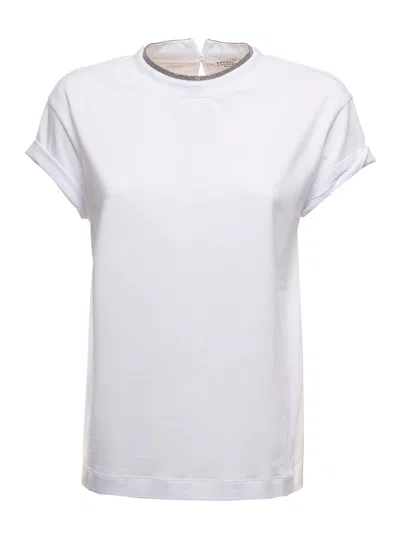Brunello Cucinelli Womans White Cotton T-shirt With Monile Crew Neck In White