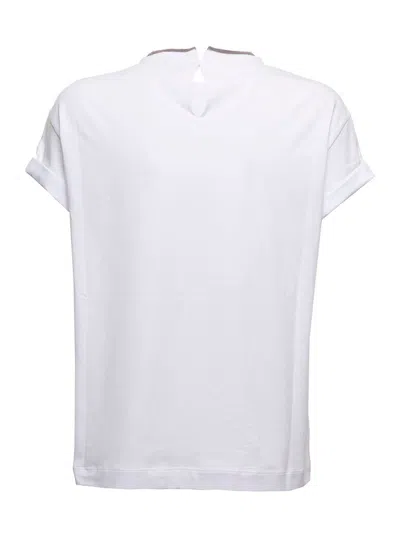 Brunello Cucinelli Womans White Cotton T-shirt With Monile Crew Neck In White
