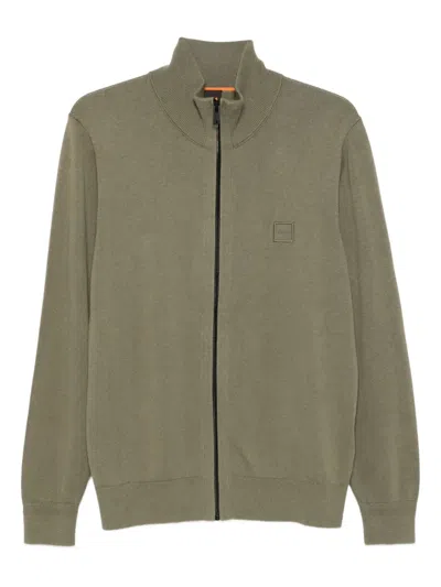 Hugo Boss Zip-neck Embroidered Square Detail Cardigan In Green
