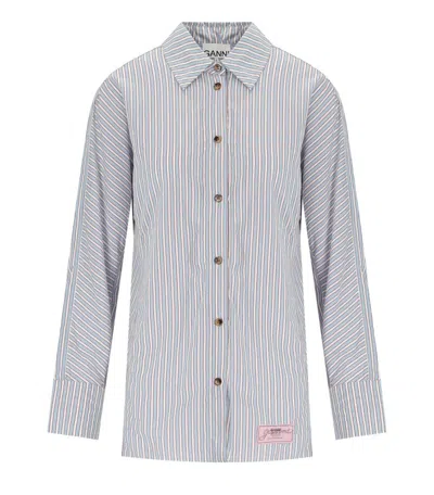 Ganni Women Multicolor Shirt With All-over Stripes And Logo Patch On The Front In Viscose Blend Woma In Blue