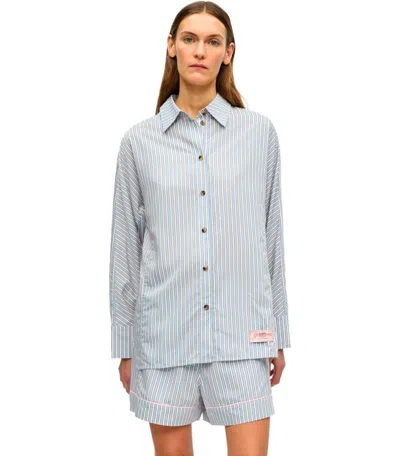 Ganni Women Multicolor Shirt With All-over Stripes And Logo Patch On The Front In Viscose Blend Woma In Blue