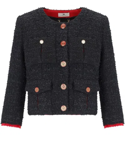 Elisabetta Franchi Cropped Tweed Jacket In Black