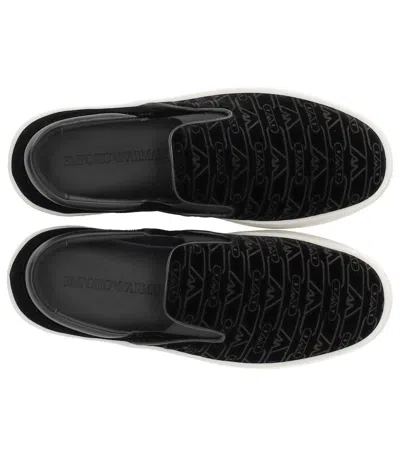 Emporio Armani Black Monogram Slip-on Sneaker In Black