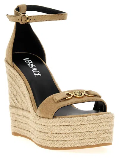 Versace Beige Wedges With Adjustable Buckle Closure And Medusa Plaque On The Front In Leather Woman