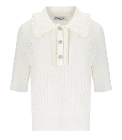 Essentiel Antwerp Off-white Polo With Ruffles And Rhinestone-embellished Buttons In White